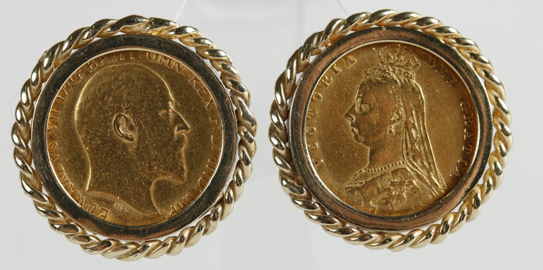 PAIR 14K GOLD EARRINGS WITH BRITISH GOLD COINS (1 of 7)