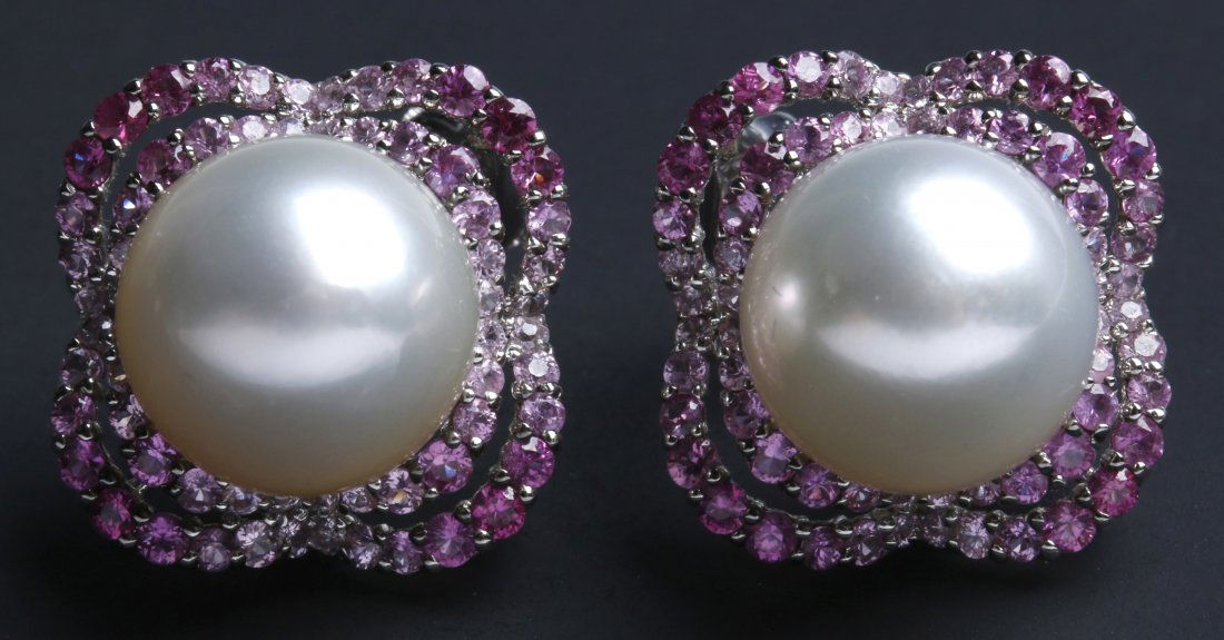 PEARL AND PINK SAPPHIRE EARRINGS IN 18 KT WHITE GOLD (1 of 8)