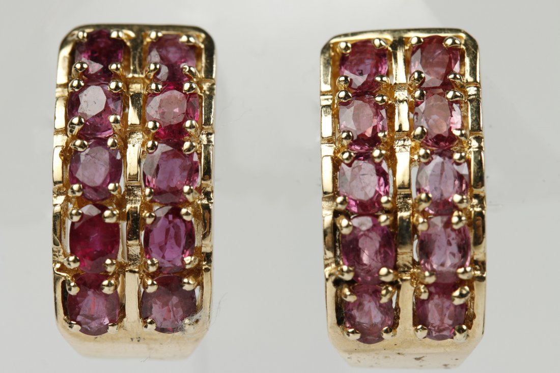 PAIR 14 KT GOLD EARRINGS WITH RUBY COLORED GEMSTONES (1 of 5)