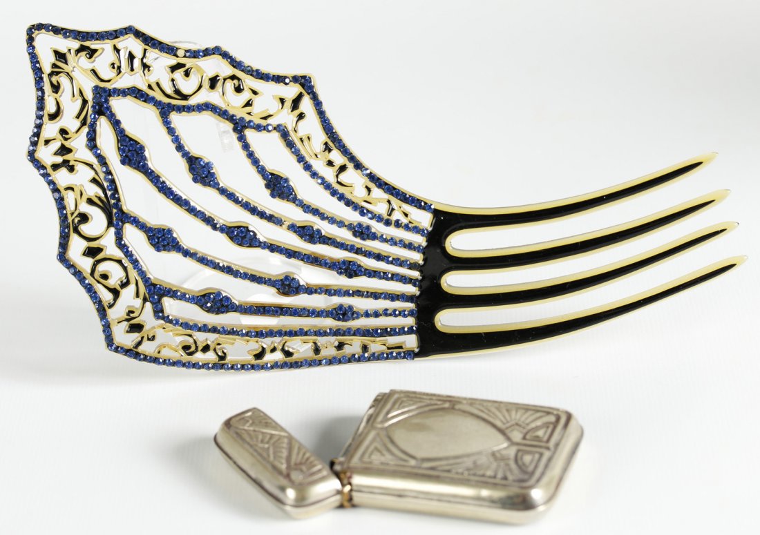 ANTIQUE MATCH SAFE AND JEWELED HAIR COMB (1 of 9)