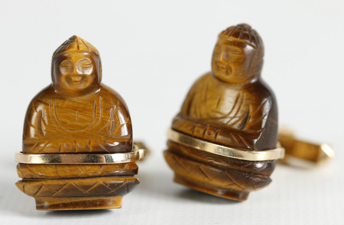 CARVED TIGER EYE BUDDHA FIGURAL 14K GOLD CUFFLINKS (1 of 4)