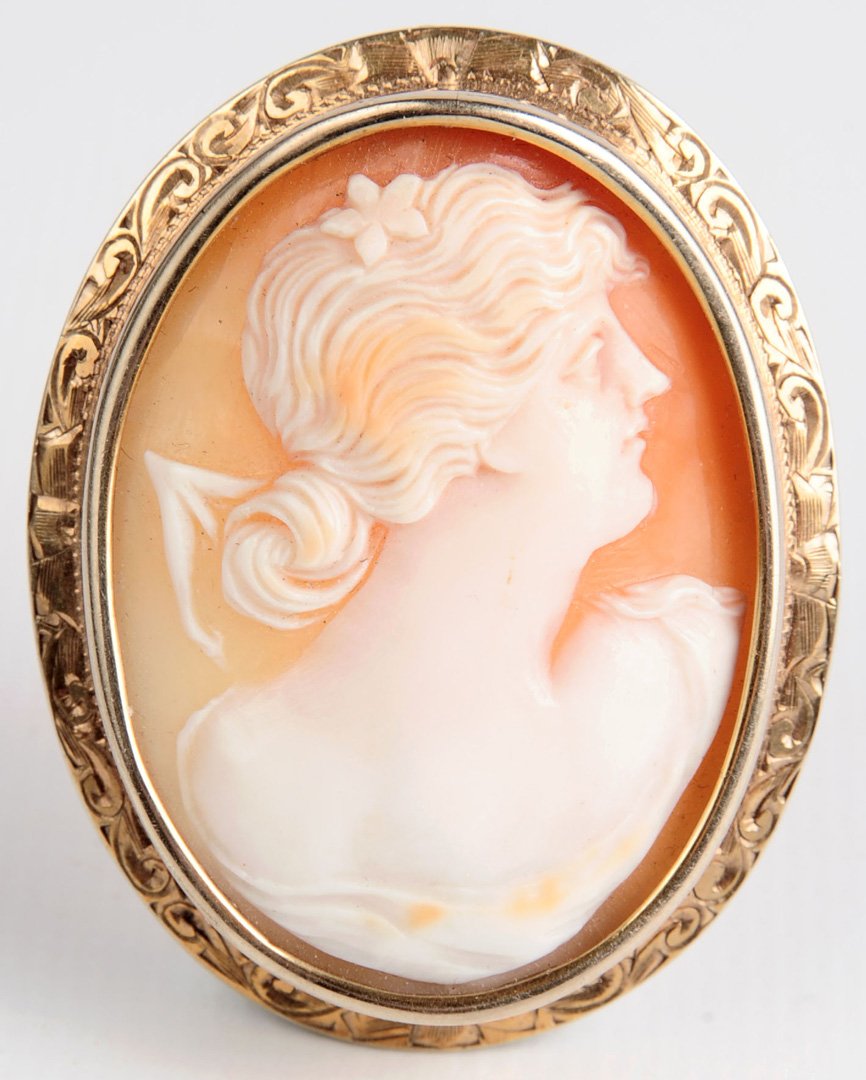 AN ANTIQUE CARVED SHELL CAMEO IN 14 KT GOLD BEZEL (1 of 7)