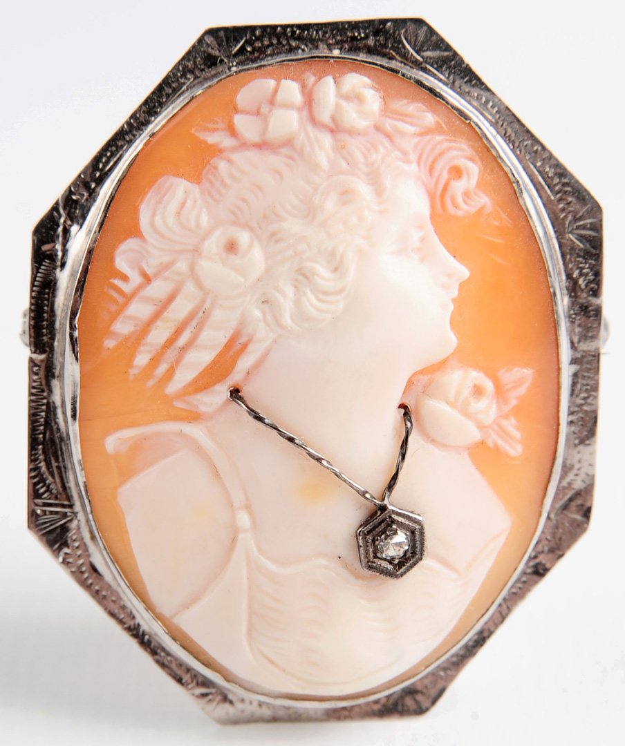 AN ANTIQUE SHELL CAMEO BROOCH WITH DIAMOND IN 14K (1 of 9)