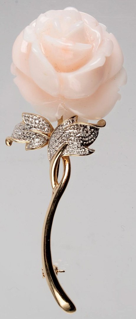 A 14K FLOWER FORM BROOCH, DIAMONDS AND CARVED CORAL (1 of 6)
