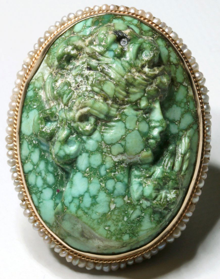 A VICTORIAN CARVED STONE CAMEO IN 14K W/ SEED PEARLS (1 of 8)