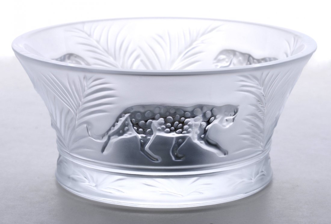 LALIQUE 'JUNGLE' PATTERN VOTIVE WITH PACING LEOPARD: Engraved signature on the polished glass base, measures 2.5 x 4.5 inches. We are happy to offer professional in-house shipping. Cost of labor and materials start at $12 per box used.