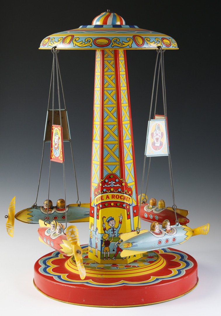 C. 1950 J. CHEIN 'RIDE A ROCKET' TIN-LITHO WIND-UP (1 of 10)