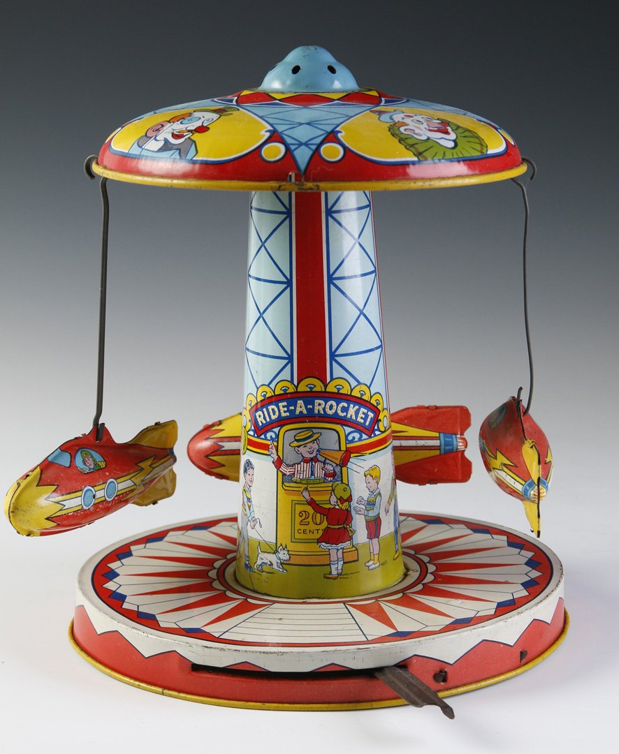 J. CHEIN 'RIDE A ROCKET' TIN LITHO LEVER CAROUSEL (1 of 10)