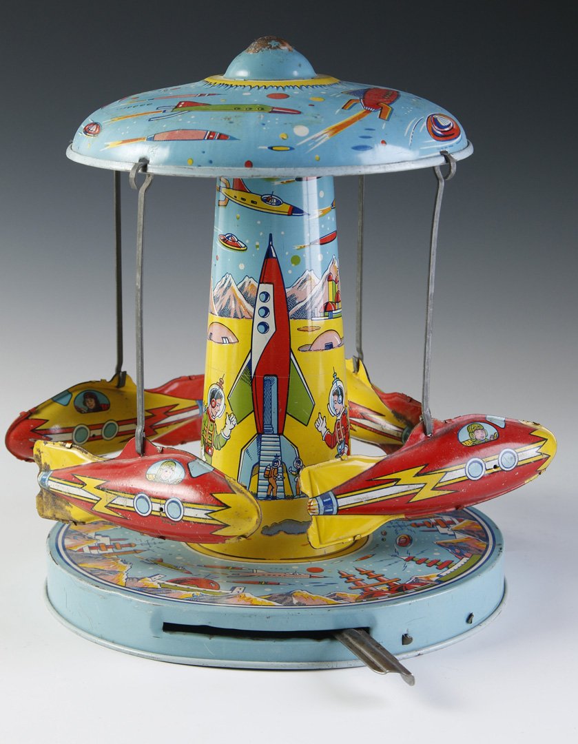 J. CHEIN 'SPACE RIDE' TIN LITHO LEVER CAROUSEL (1 of 10)