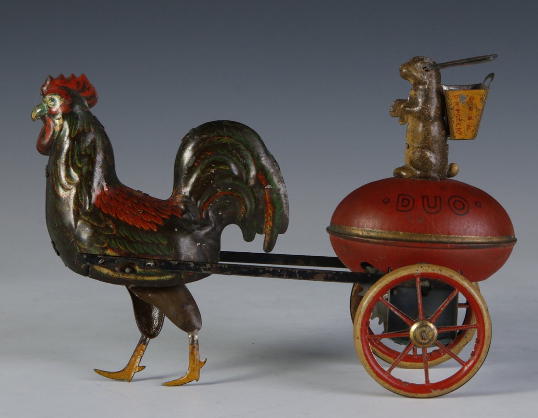 C.1920 LEHMAN TIN-LITHO 'DUO' W/UP CHICKEN CARRIAGE (1 of 10)