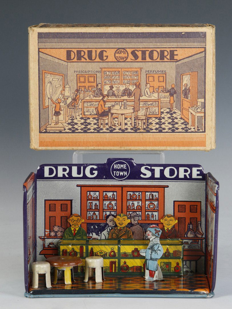 LOUIS MARX C.1920 'HOME TOWN DRUG STORE' TIN-LITHO (1 of 7)