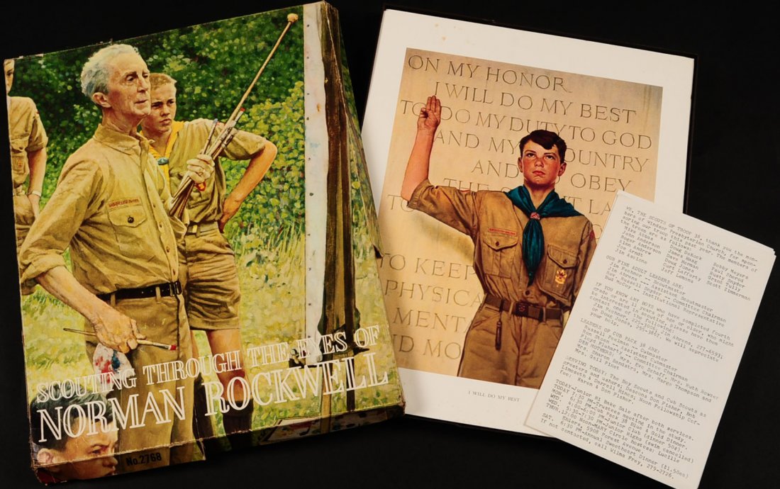 SCOUTING THROUGH THE EYES OF NORMAN ROCKWELL: Includes 44 boy scout scene color prints by Rockwell measuring 14 x 11 inches each. We are happy to offer professional in-house shipping. Cost of labor and materials start at $12 per box used.