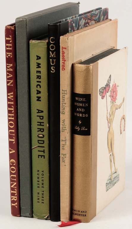 FIVE VARIOUS BOOKS: ROSE, DALI, MILTON: Includes 'Wine, Somen and Words,' Billy Rose, illustrated by Salvador Dali, signed and numbered 1393 by Rose, 8vo, 295 pp, red cloth page marker. 'Hunting with The Fox' by Toulouse-Lautrec, Burno Cass