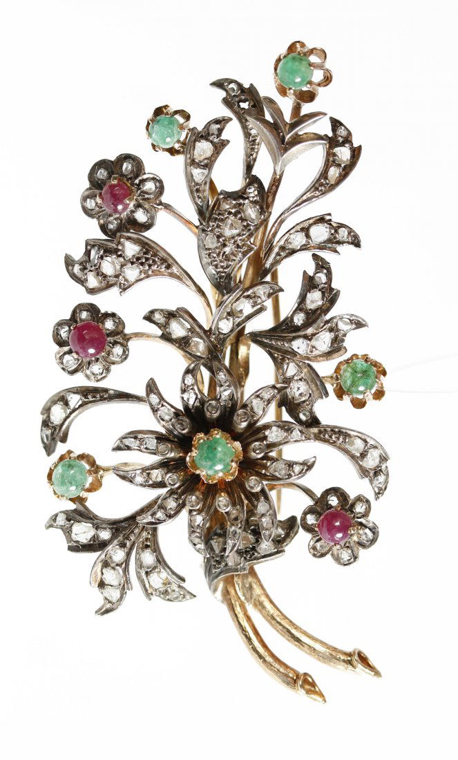 A VICTORIAN DIAMOND, EMERALD AND RUBY PIN (1 of 6)