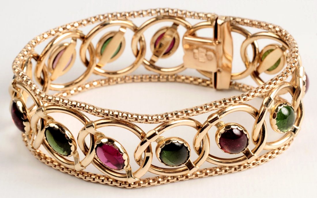ITALIAN 14K GOLD BRACELET W/ CABOCHON TOURMALINE STONES (1 of 7)