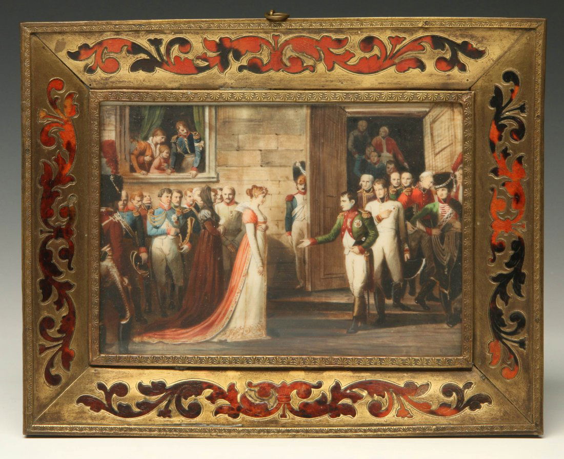 19TH C. MINIATURE PAINTING NAPOLEON IN BOULLE FRAME: An image in the manner of Jean Charles Tardieu displayed in a stamped and engraved brass frame with Boulle technique inlay. Through the frame the sight size of the painting is 4 x 5.25 inches. Overall
