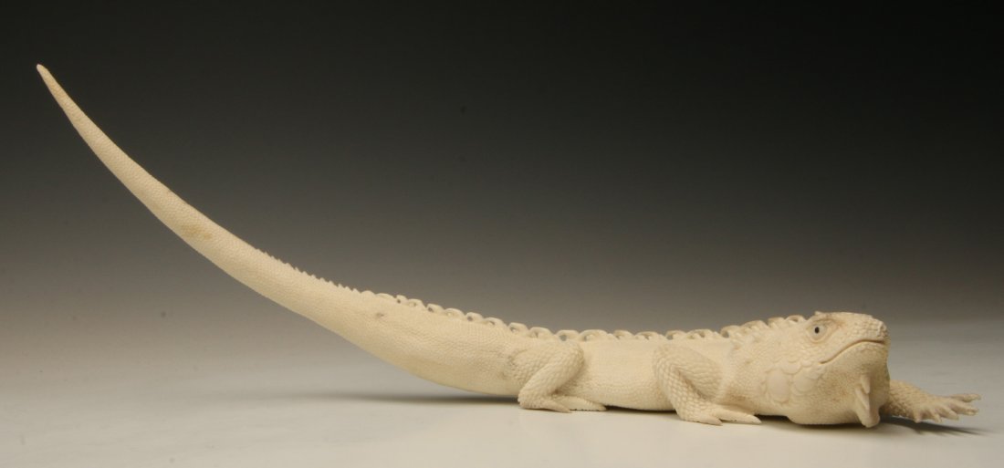 A HARINI & COSMO CARVED FIGURE OF AN IGUANA LIZARD: Carved from fallen Moose antler in extensive detail. Measures 4.5 x 13 inches. A brochure from the maker is included.