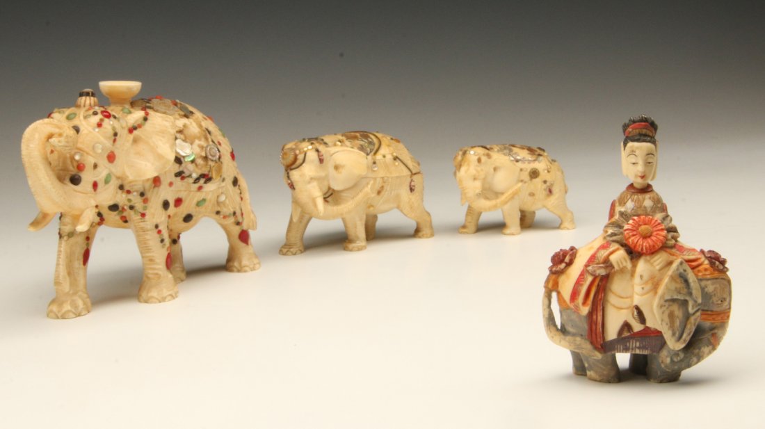 THRE MEIJI PERIOD SHIBAYAMA WORK ELEPHANT FIGURES: Three elephant figures, one with glass ball, all with loss of abalone. Plus a dyed ivory snuff bottle. Measurements range from 1.5 x 2.5 inches up to 3.5 x 4.75 inches. This lot will be accompanied by