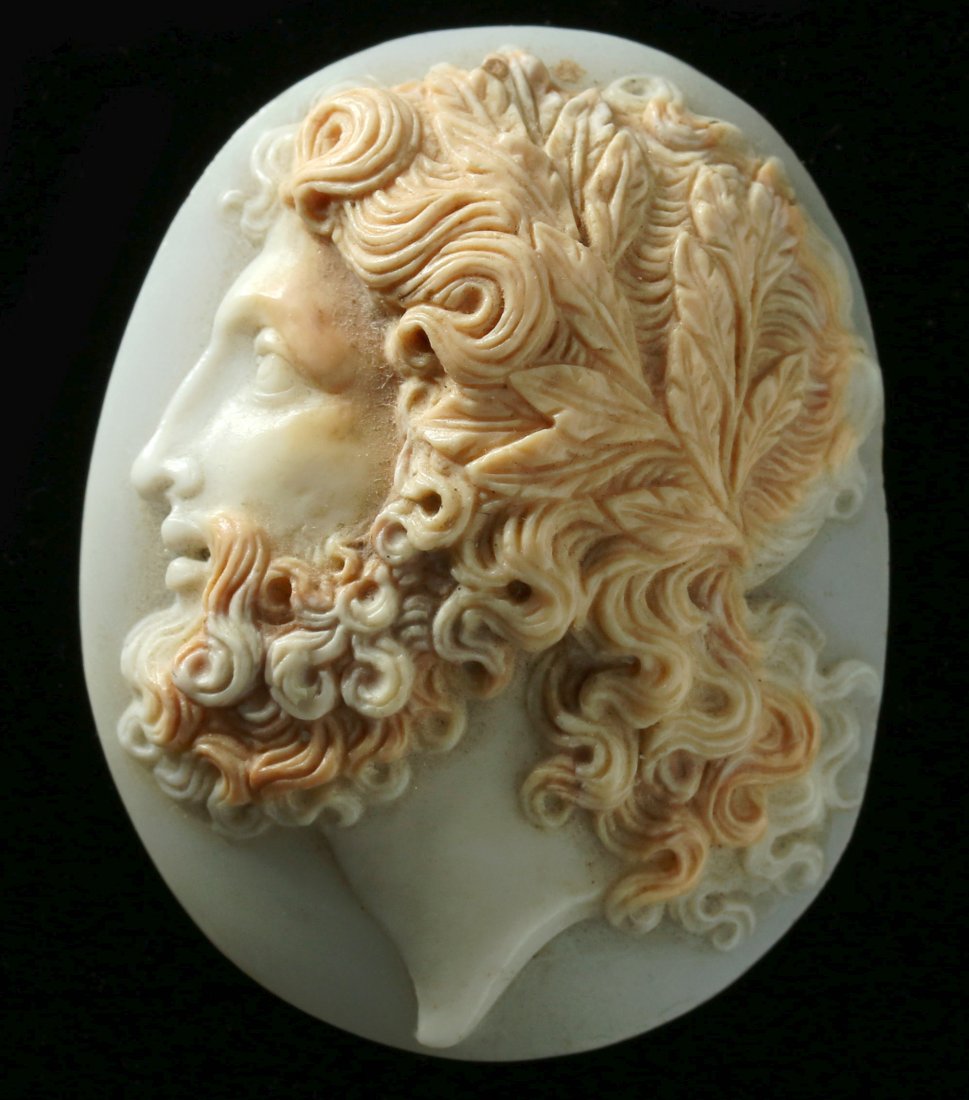 A 19TH C. HIGH RELIEF CAMEO BUST OF A BEARDED MAN: An unmounted shell cameo that measures 1-3/4 x 1-3/8 inches.