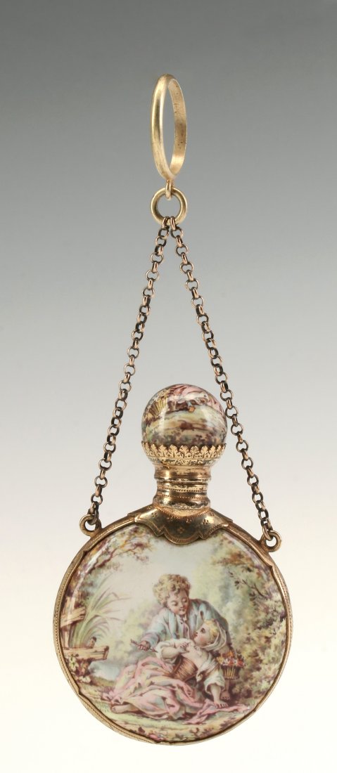 A 19TH C. VIEMESE ENAMEL CHATELAINE PERFUME BOTTLE: A very fine three scene bottle with chain and ring for use as a finger loop or hanging on a chatelaine. A nice example well painted with hand engraved silver mounts. Measures 3 inches tall, 1.75 inche