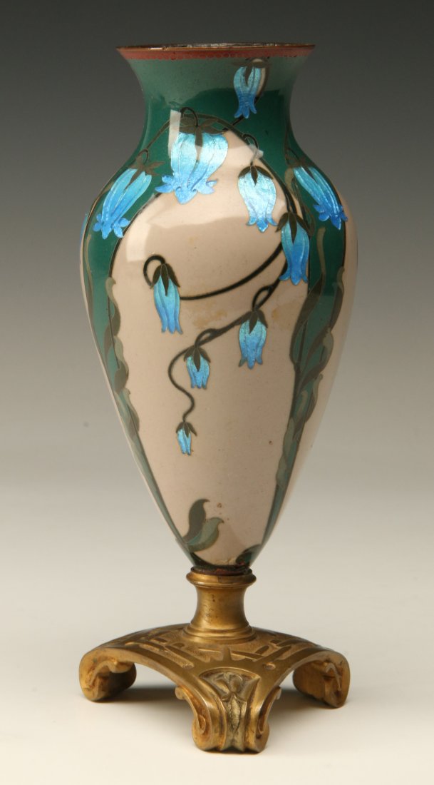 A JAPANESE CLOISONNE VASE ON ORMOLU STAND: Japanese, cloisonné vase with floral vine design mounted atop a gold plated bronze stand, 20th century. Measures 6 x 2.5 inches.