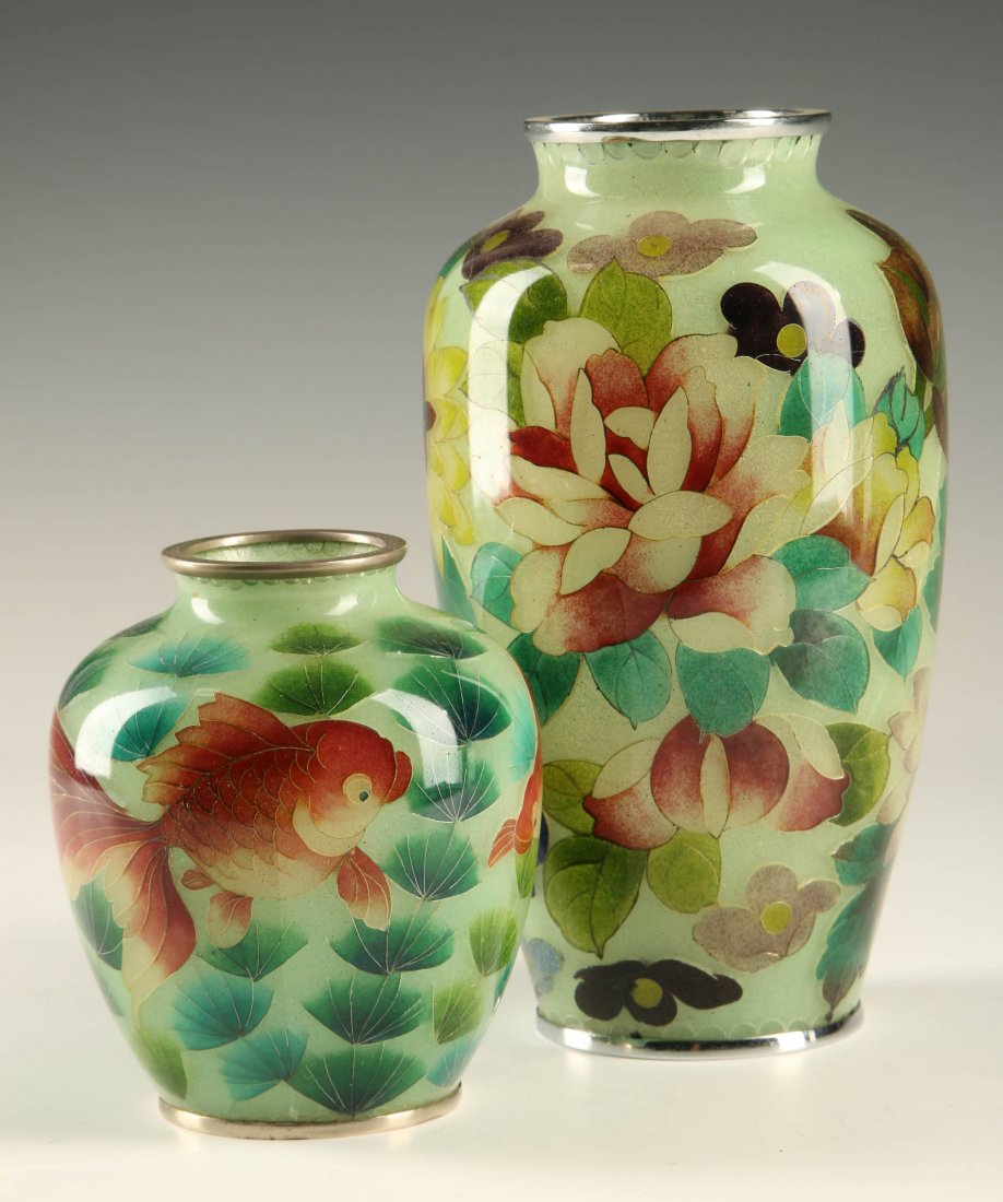 TWO 20TH C. JAPANESE SILVER WIRE PLIQUE A JOUR VASES: One with floral design, the other with Koi fish. Sizes 3.5 x 3 inches and 6 x 3.25 inches respectively.