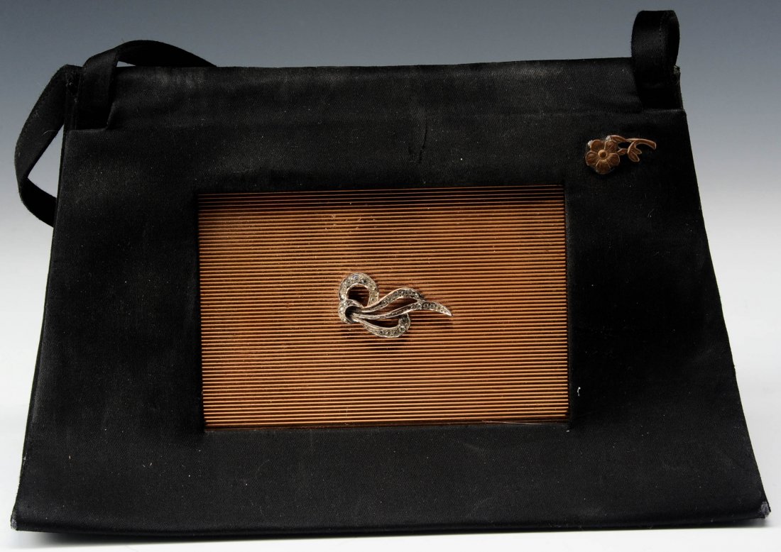 WERBER FRENCH 'BOITE DE NUIT' MINIAUDIERE AND PURSE: Goldtone miniaudiere case with jeweled top, top holds mirror and a light (not working), base holds a comb, lipstick, and two hinged powder wells, with puff and sifter in one well, signed in the lid, w