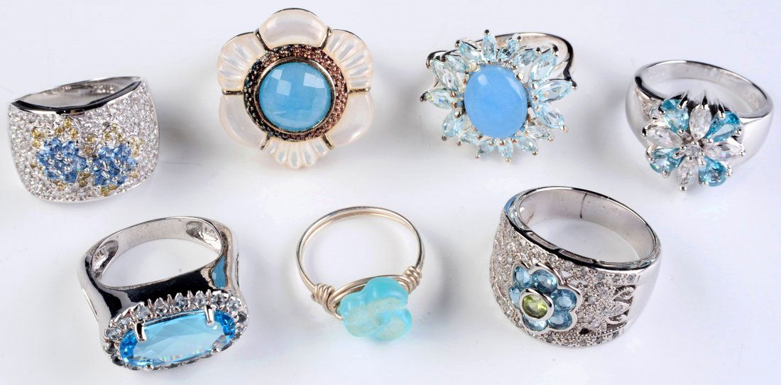 SIX STERLING RINGS WITH BLUE GEMS (1 of 8)