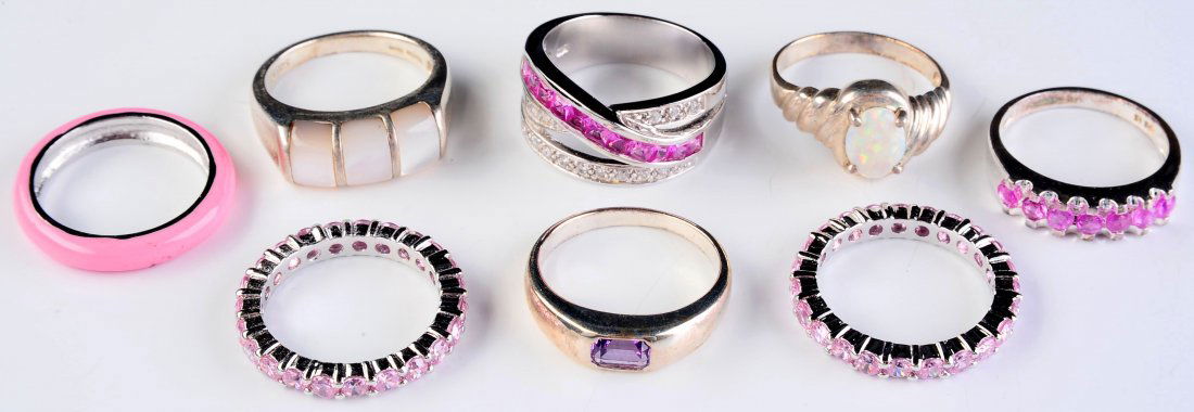 EIGHT STERLING RINGS WITH OPAL, MOONSTONE, MORE: Pink and white gems as shown, all are marked for sterling, ring sizes 8.75 to 9.