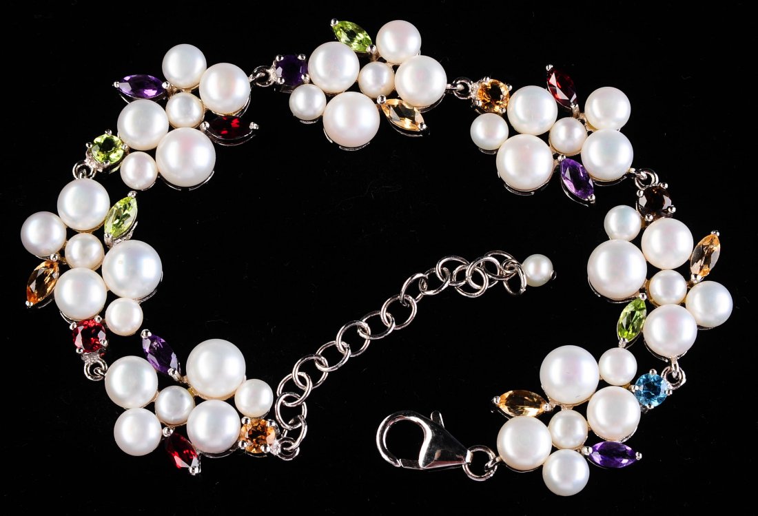 FIVE STERLING BRACELETS WITH PEARLS & SEMI PRECIOUS (1 of 6)