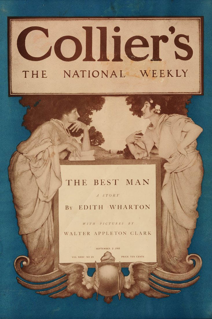 TWO MAXFIELD PARRISH ILLUSTRATED MAGAZINE COVERS: Two magazine covers including 'Collier's: The National Weekly' issue XXXV no.23 September 2, 1905 'The Best Man by Edith Wharton,' and 'The Ladies Home Journal' July 1896. Sight sizes measure 14 x 9.7