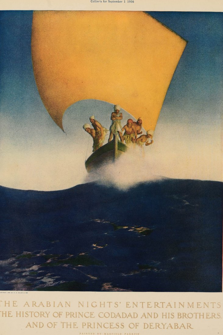MAXFIELD PARRISH 'ARABIAN NIGHTS' ILLUSTRATED AD: For Collier's September 1, 1906, 'The Arabian Nights' Entertainments; The History of Prince Codadad and his Brothers and of the Princess of Derybar.' Marked 'Copyright 1906 by P.F. Collier & Son' unde