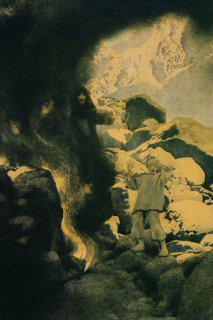 MAXFIELD PARRISH PRINT TITLED 'ALADDIN': Marked 'Aladdin Maxfield Parrish' lower middle. Image measures 11.25 x 9 inches in a 14.75 x 11.75 inch frame. This is an original period print. Please email us if you would like to see this print out