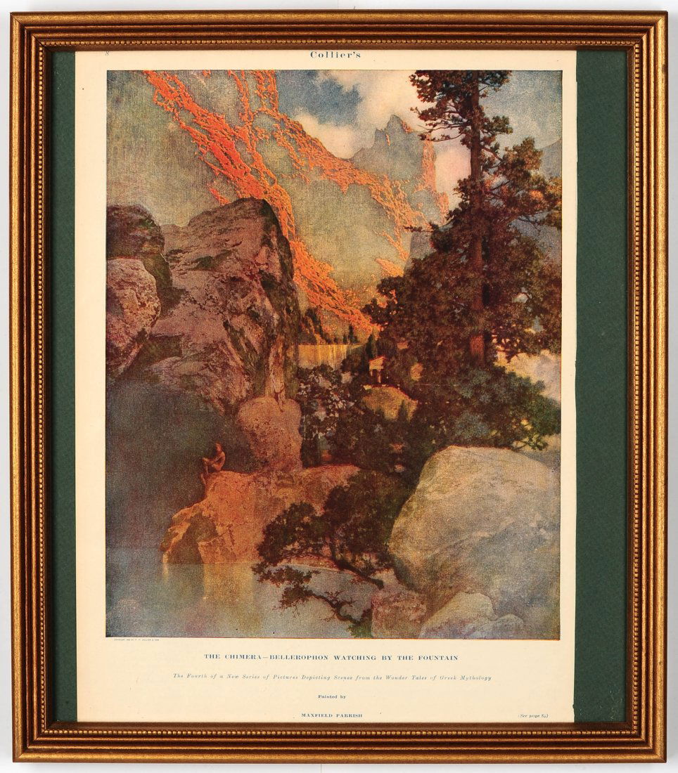 TWO MAXFIELD PARRISH ILLUSTRATED MAGAZINE PAGES: Includes the cover for Collier's The National Weekly 'Out of Doors Number,' and a page from Collier's titled 'The Chimera - Bellerophon Watching by the Fountain' lower middle and marked 'Copyright 190