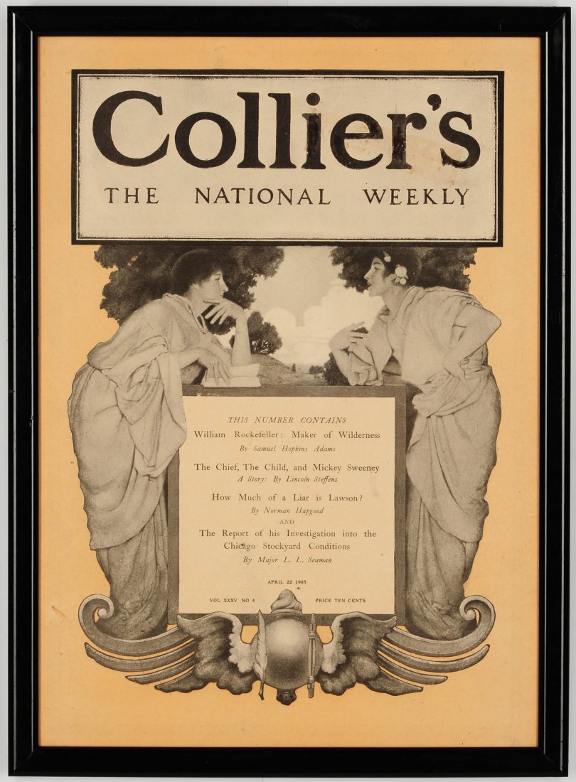 TWO MAXFIELD PARRISH ILLUSTRATED MAGAZINE PAGES: Includes cover for Collier's The National Weekly issue vol XXXV no.4 April 22, 1905 and a 'The Arabian Nights' Entertainments' ad from Collier's August 3, 1907 titled 'X-Queen Gulnare Summoning Her Re