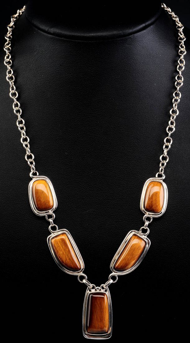 TIGER'S EYE AND STERLING NECKLACE AND TWO STERLING (1 of 8)