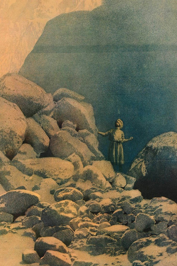 MAXFIELD PARRISH ILLUSTRATED MAGAZINE PAGE: A page from Collier's The National Weekly. An illustration for The Arabian Nights Entertainments titled 'XI - The Valley of Diamonds' marked 'Copyright 1907 P. F. Collier & Son' under the image left.