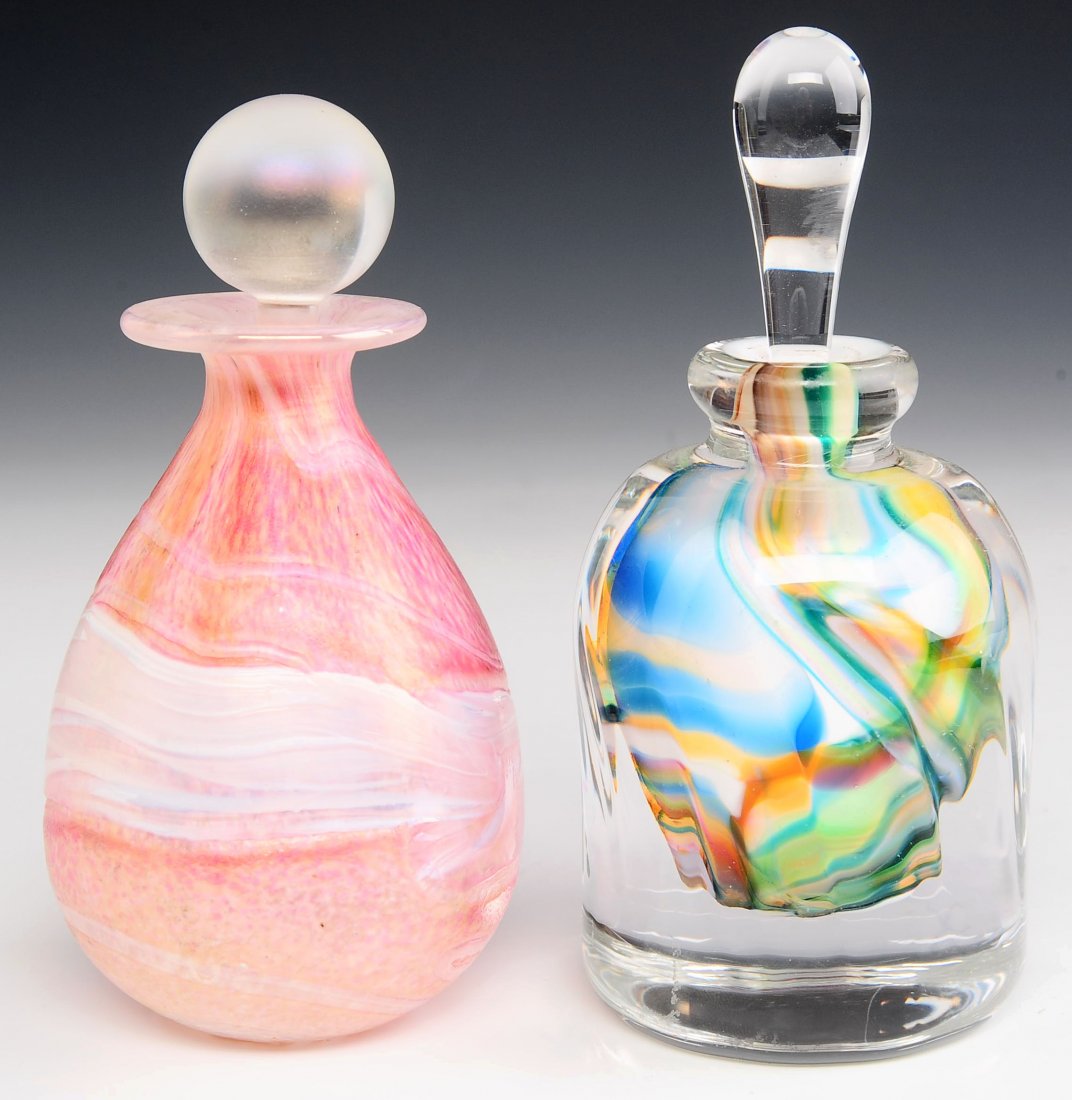 TWO CONTEMPORARY STUDIO GLASS PERFUME BOTTLES (1 of 9)