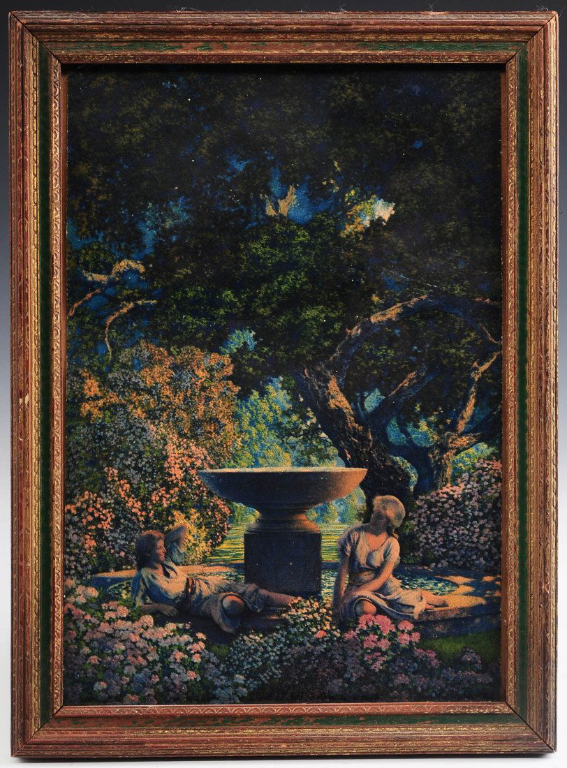 MAXFIELD PARRISH ILLUSTRATED CALENDAR TOP: Trimmed calendar top for Edison/Mazda 1927 featuring a Maxfield Parrish print titled 'Reveries.' Sight measures 9.5 x 6.5 inches in a 11 x 8.25 inch frame. This is an original period print. Please ema