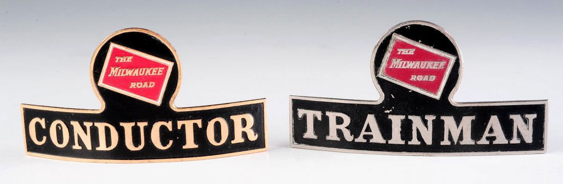 TWO MILWAUKEE ROAD RAILROAD CAP BADGES, TRAINMAN, (1 of 8)