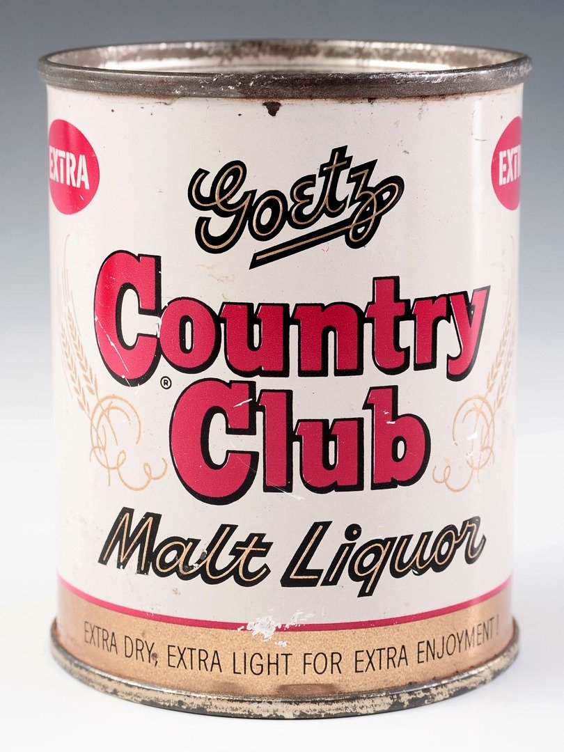 VINTAGE GOETZ COUNTRY CLUB MALT LIQUOR CAN: 8 oz can, opened, 3.5 inches high.