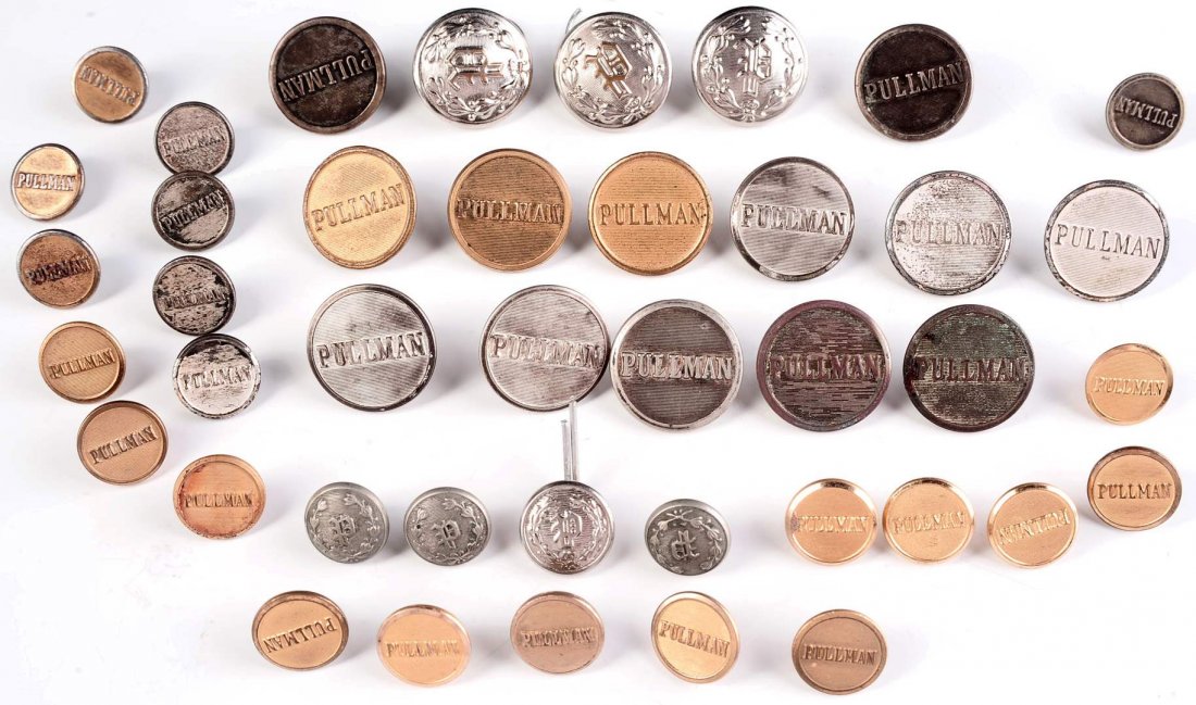 LOT OF ASSORTED PULLMAN RELATED RAILROAD INSIGNIA: Includes a variety of Pullman tunic and cuff buttons.