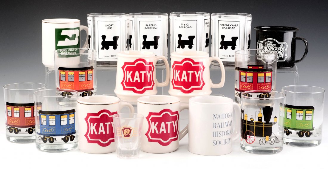 LOT OF CONTEMPORARY RAILROAD MUGS AND GLASSWARE: Pieces as shown.