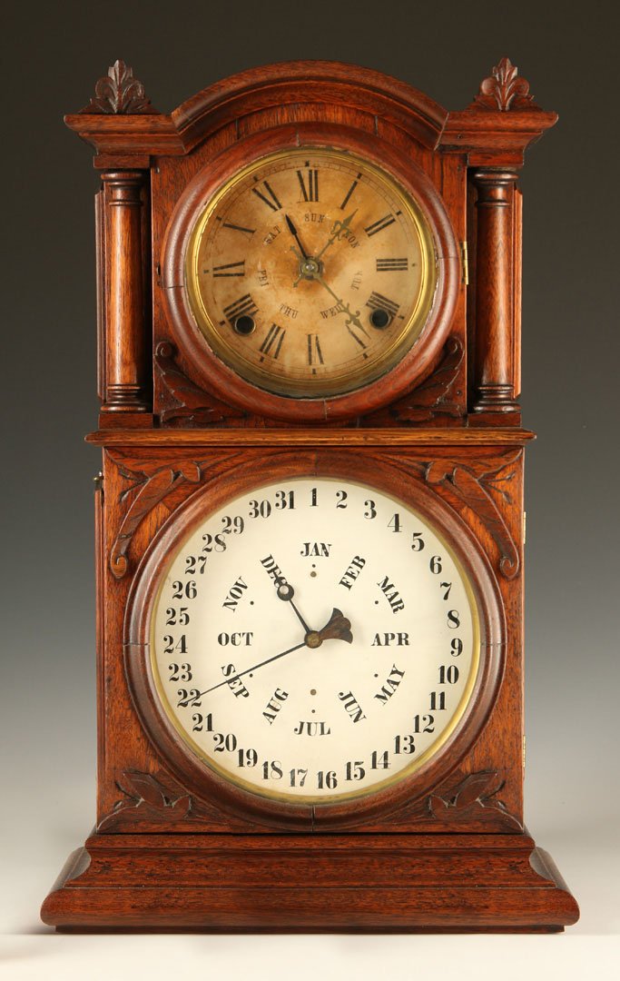 AN INGRAHAM LEWIS PATENT DOUBLE DIAL CALENDAR CLOCK (1 of 10)