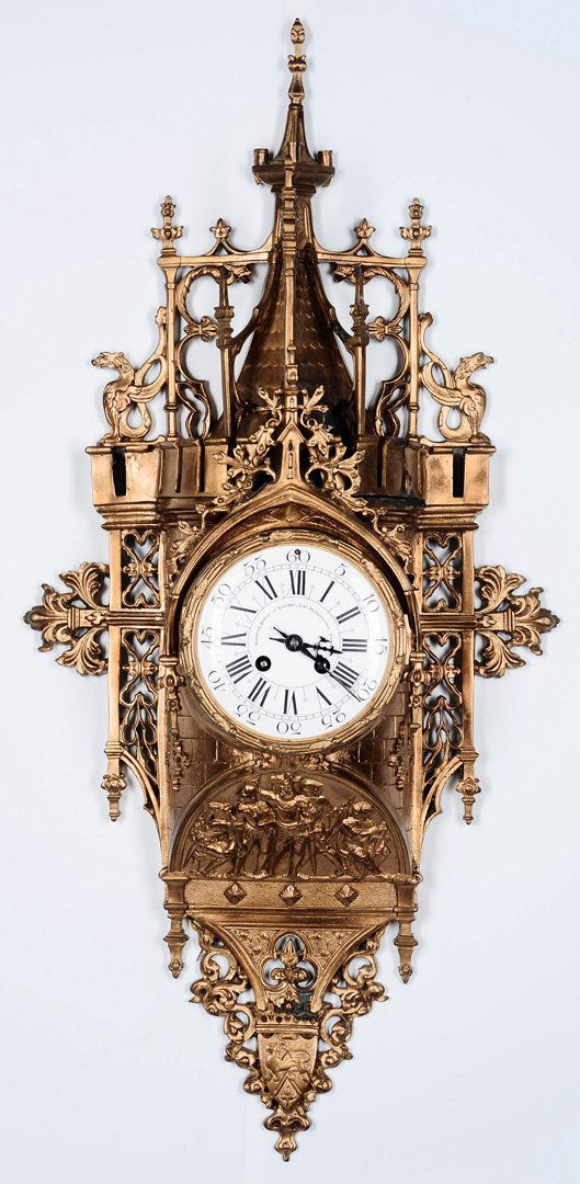 AN ORNATE GOTHIC 19TH C. FRENCH BRONZE CARTEL CLOCK (1 of 8)