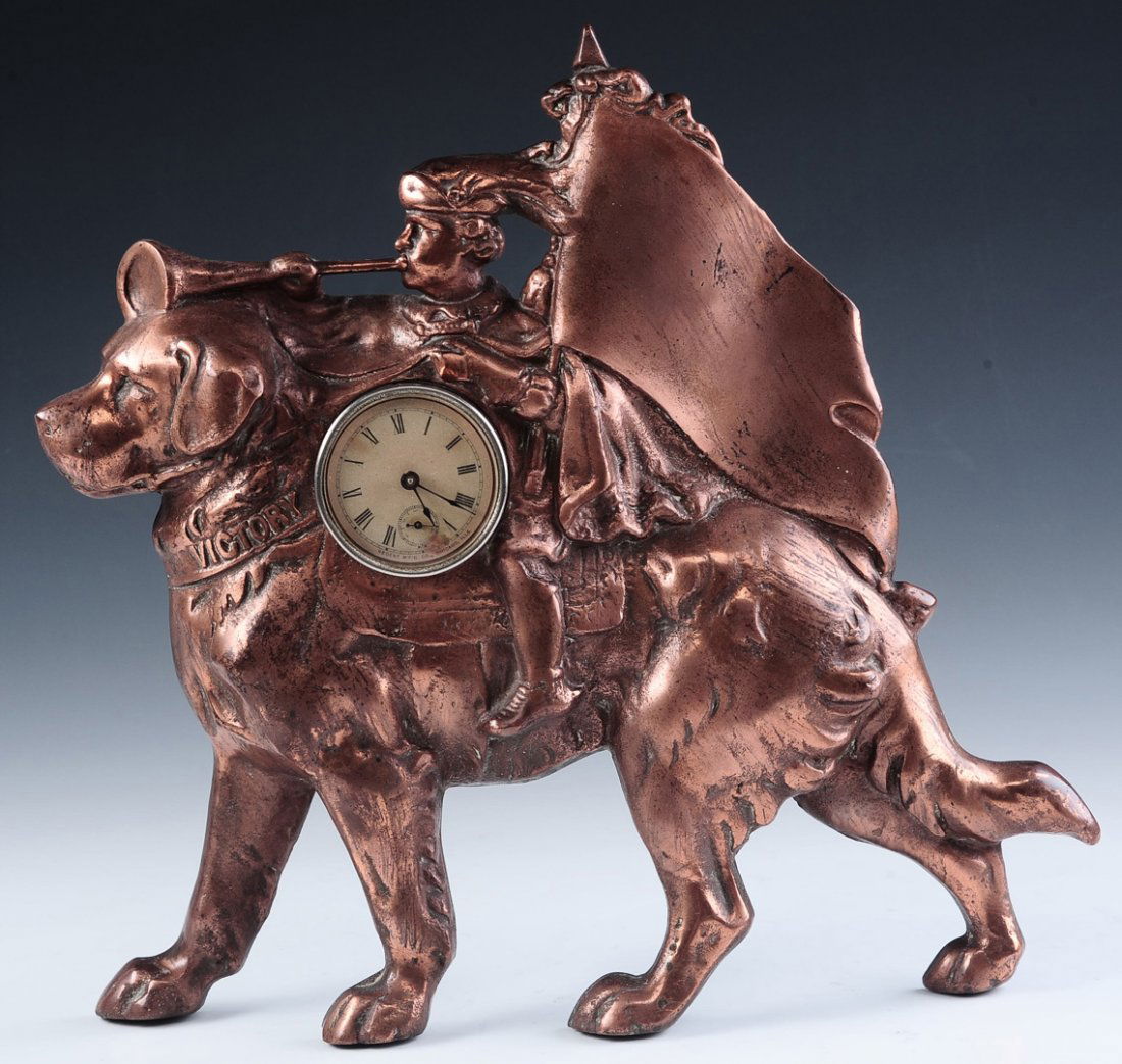 CAST IRON ST. BERNARD DOG CLOCK WITH FLAG BEARING RIDER (1 of 10)