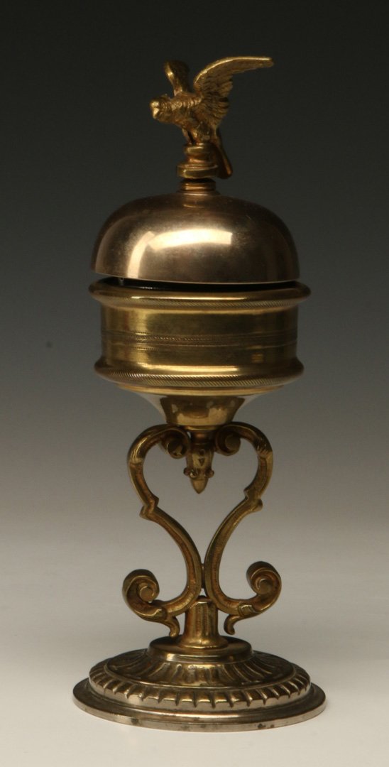 A BRASS AND NICKEL DESK BELL WITH PARROT FINIAL C. 1900 (1 of 8)