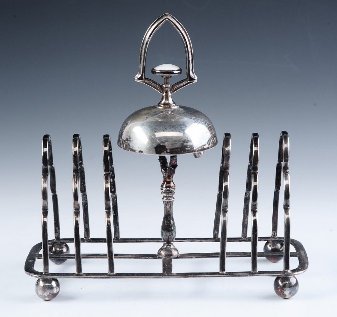 AN ANTIQUE SILVER PLATED TOAST RACK WITH TAP BELL (1 of 8)