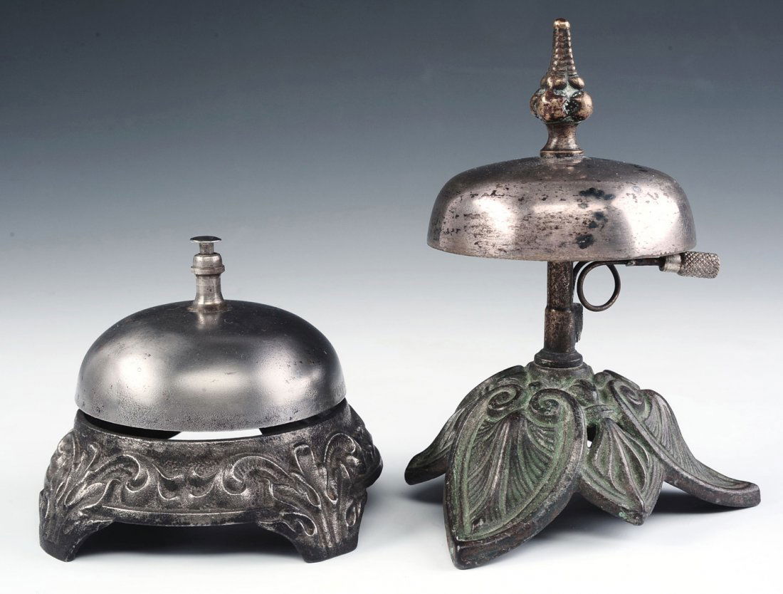 TWO ANTIQUE DECORATIVE IRON DESK BELLS (1 of 9)