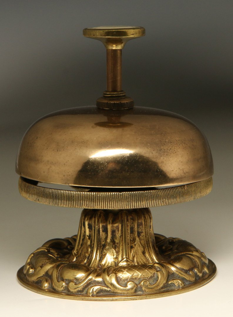 A GOOD ANTIQUE BRASS DESK BELL WITH PEARL BUTTON (1 of 7)